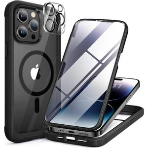 Miracase Magnetic for iPhone 14 Pro Case 6.1 inch, (Compatible with MagSafe) Upgrade Full-Body Clear Phone Bumper Case with Built-in 9H Tempered Glass Screen Protector, Black