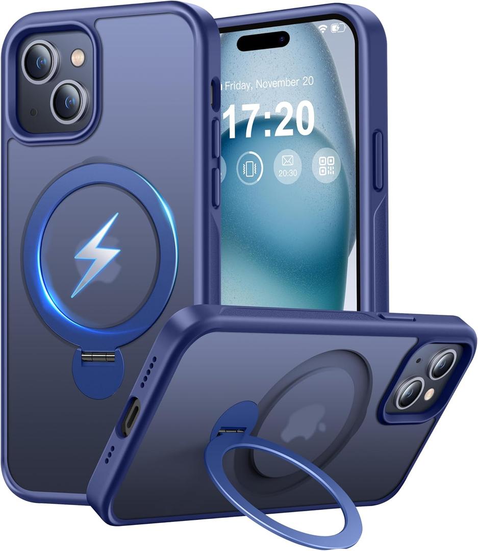 360 Rotatable Magnetic Stand for iPhone 15 Case Compatible with Mag-Safe 16FT Military Drop Protection, Anti-Scratch/Fingerprint Shockproof iPhone 15 Phone Case(Matte-Blue)
