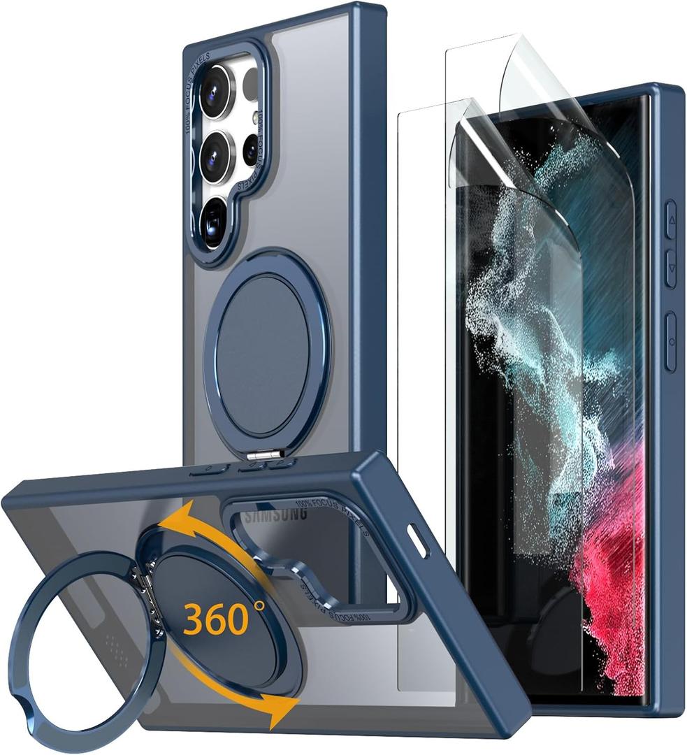 Magnetic Stand Case for Samsung Galaxy S22 Ultra/S23 Ultra [with 2 Screen Protectors] [360 Rotation Magnetic Stand] [Compatible with Magsafe] Military-Grade Drop Protection Case, Blue