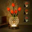 Tulip Crystal Flower Lamp Touch Lamp,Rechargeable Cordless Table Lamp, 3-Colour Infinitely Dimming Battery Powered Small Night Light,Gift for Mom for Valentine Day,Mothers Day,Xmas,Birthday (Red)