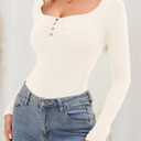 Amoretu Womens Henley Tops Long Sleeve Scoop Neck Tshirts Ruched Fitted T Shirts (Black, L)