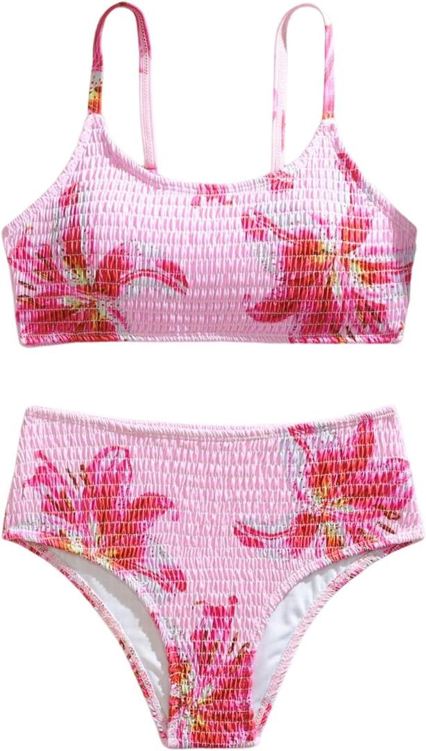 Girl's 2 Piece Floral High Waisted Swimsuit Smocked Wireless Bathing Suit Boho Holiday Beachwear Set (Pink) for 15 yrs