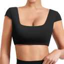 YEOREO Womens Square Neck Tank Tops Backless Summer Built in Bra Workout Crop Cap Sleeve Slice Casual Going Out Shirts (Black, L)