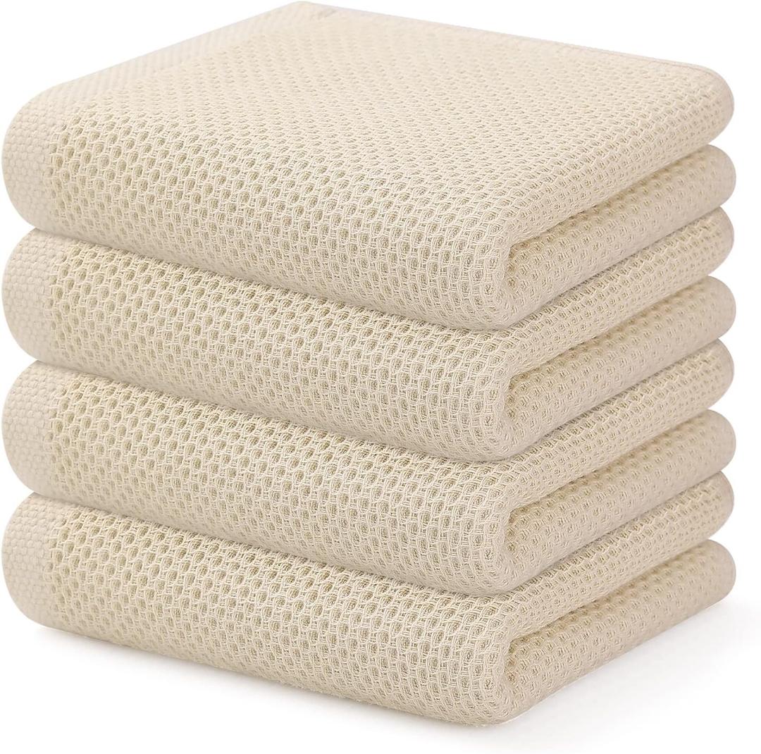 Kitinjoy 100% Cotton Waffle Weave Kitchen Hand Towels (13 x 28 Inches, Beige), 4-Pack Super Soft and Absorbent Dish Towels for Drying Dishes,