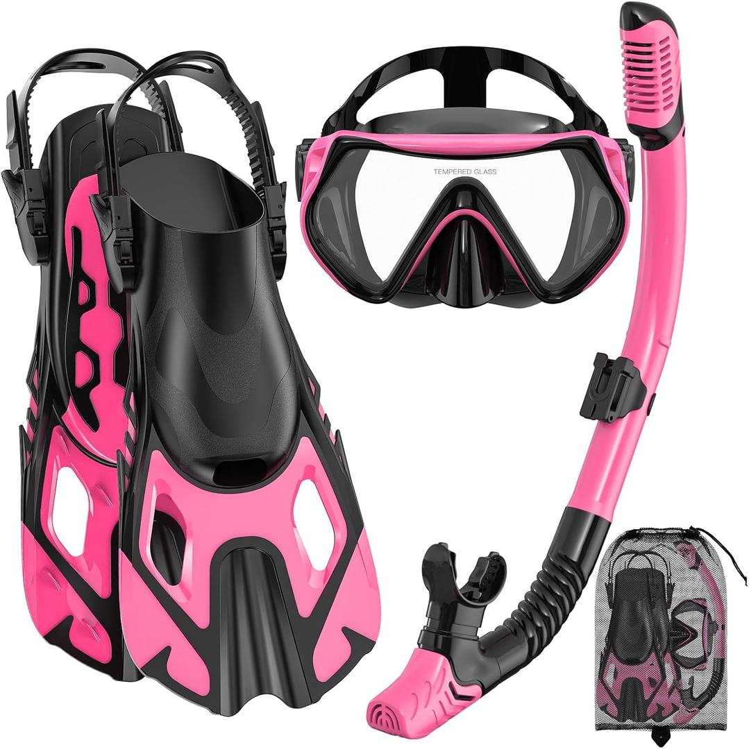 Snorkeling Gear for Adults, Mask Fin Snorkel Set, Dry Top Snorkel, Snorkeling Kit Travel Diving Package, Panoramic View Anti-Fog Anti-Leak Adjustable Swim Fins (Small-Medium, Pink)