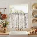 jinchan Amlie Floral Kitchen Curtains 30 Inch Length Linen Cafe Curtains Small Window Drapes Light Filtering Botanical Farmhouse for Bedroom Bathroom Rod Pocket 2 Panels Blue on Linen