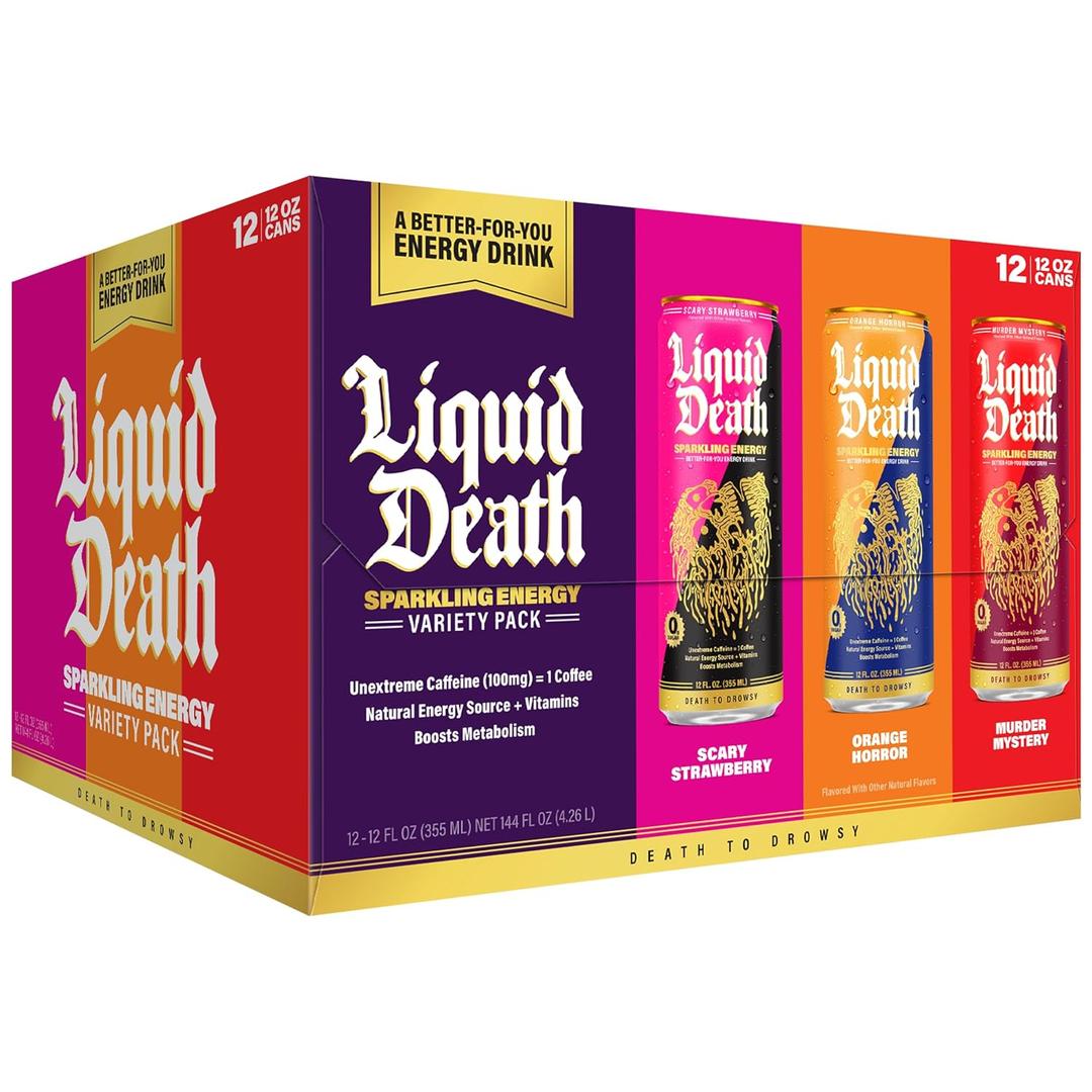 Liquid Death Sparkling Energy Variety Pack, Zero Sugar Energy Drink, Unextreme Caffeine 100mg, Essential Vitamins, 3 Flavors: Strawberry, Orange, and Murder Mystery, 12 Fl Oz (Pack of 12) (EXP 07/19/27)