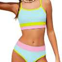 Girls Bathing Suit Color-Block Adjustable Straps Bikini Sets Girls Two Piece Swimsuits with Chest Pad Swimwear (13-14 Years, Light Blue)