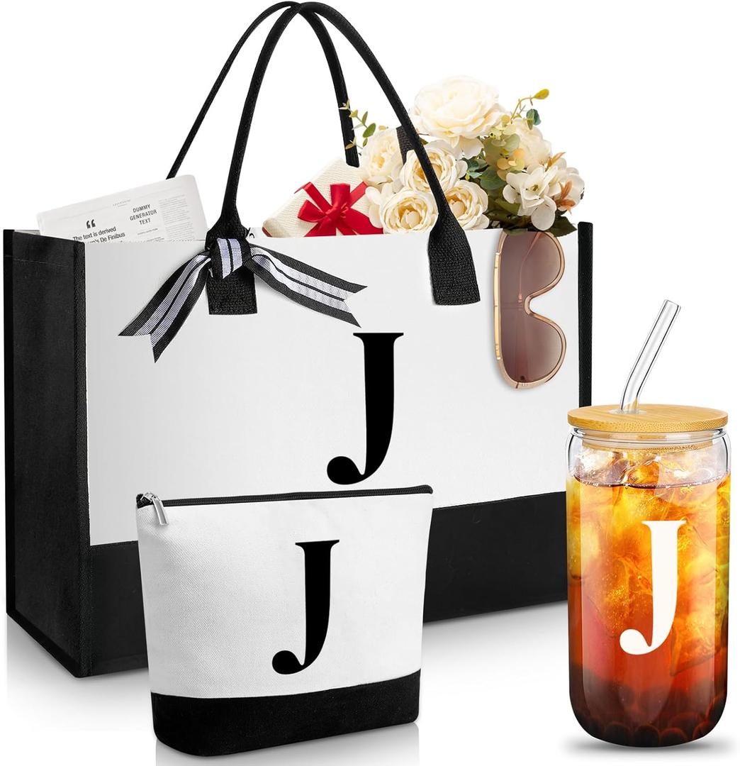 Aliceset Initial Gifts for Women Monogram Canvas Tote Bag and Makeup with Zipper and Initial Glass Coffee Cup Gifts for Her