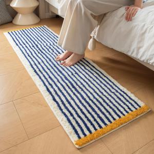 GIB Blue and White Striped Bathroom Rug Mat 47" x 16", Yellow Accent, Extra Soft Absorbent Non-Slip Washable Plush Fluffy Shaggy Microfiber Bath Mat, Aesthetic Runner Rug for Bedroom