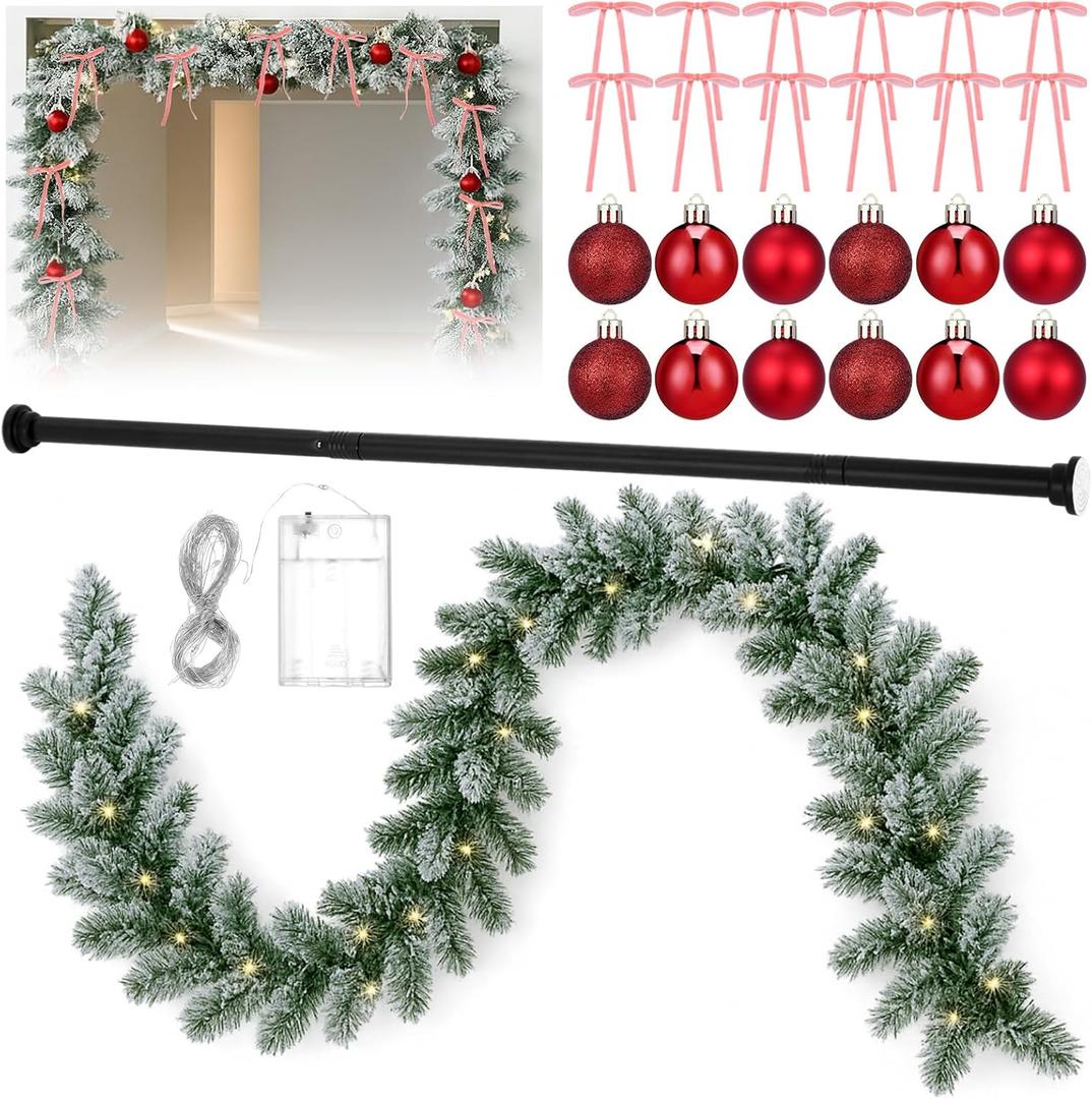17.7-51.1 Garland Hanger for Door Frame Tension Rod with Christmas Garland Xmas Red Ball Ornaments Pink Bows for Doorway Front Door Mantel Window Outdoor