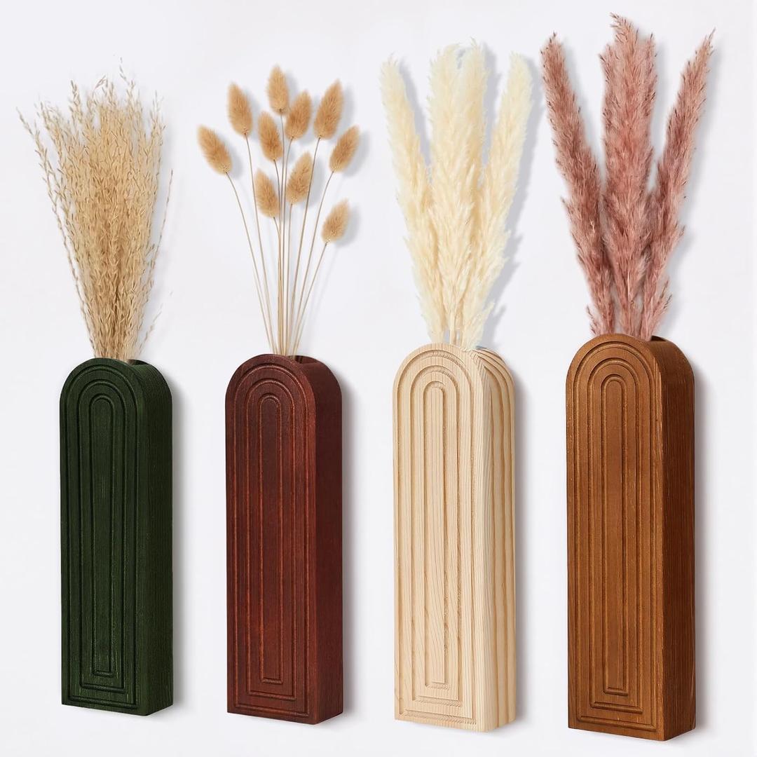 4 Pcs Wood Wall Planter Vase with Artificial Flowers, Farmhouse Boho Wall Hanging Decor for Living Room Entryway Bathroom Bedroom Kitchen Office Home Decoration(24 Pcs,Dried Pampas Grass)