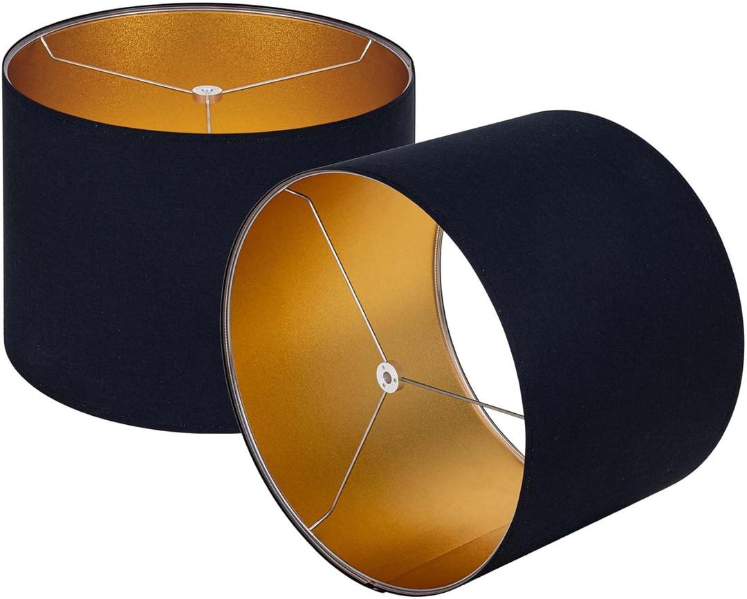 Wellmet Blackgold Set of 2 Drum Lampshades, Easy Assembly Required 14" Top x 14" Bottom x 11" High Replacement Lamp Shades, Fabric Lampshades for Table Lamps Floor Lamps, Metal Spider Fitter