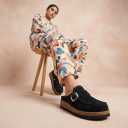 CUSHIONAIRE Hobby Genuine Leather Suede Mule Clogs for Women with Buckle Strap and Cork Footbed, Supportive All-Day Comfort in Womens Shoes (7 Wide, Black)