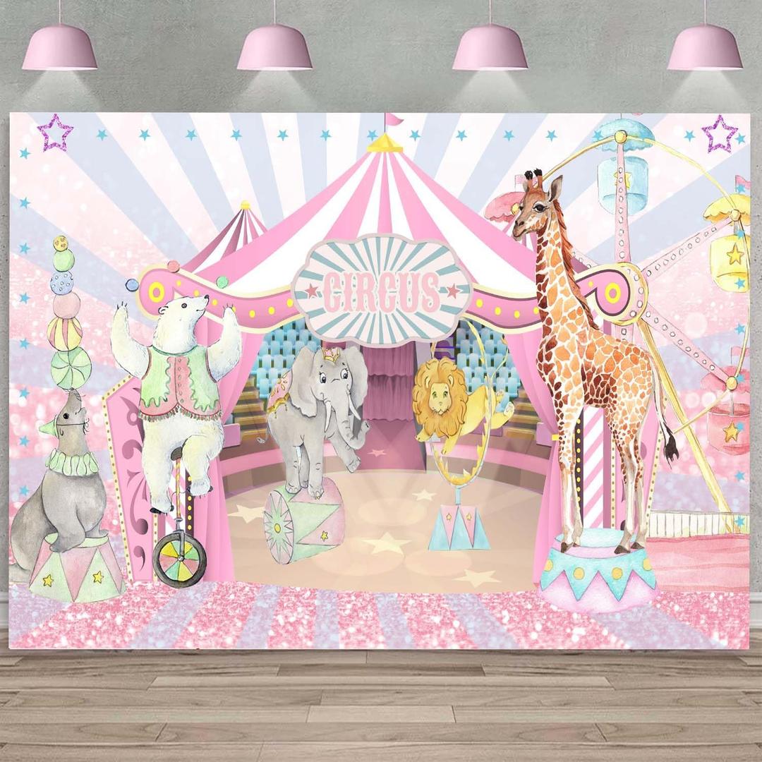 Pink Circus Backdrop for Girl Pastel Carnival Birthday Decorations Kids Big Top Tent Ferris Wheel Circus Animals Party Background Sweet Baby Shower Desset Table Banner Photo Booth Props 7x5ft