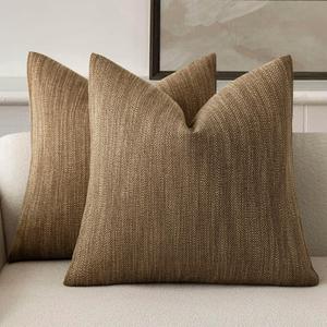 Foindtower Set of 2 Decorative Textured Burlap Linen Throw Pillow Covers Farmhouse Boho Cushion Cover Solid Accent Pillowcase for Couch Sofa Bed Living Room Home Decor, 24×24 Inch,Cocoa Brown