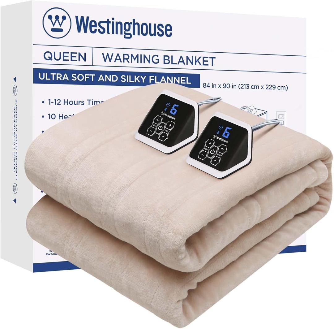Westinghouse Heated Blanket Queen Size, Electric Heating Blanket with 10 Heating Levels, 1-12 Hours Auto Shut Off, Fast Heating Warming Blanket, Machine Washable(Queen,84x90 Inches, Beige)