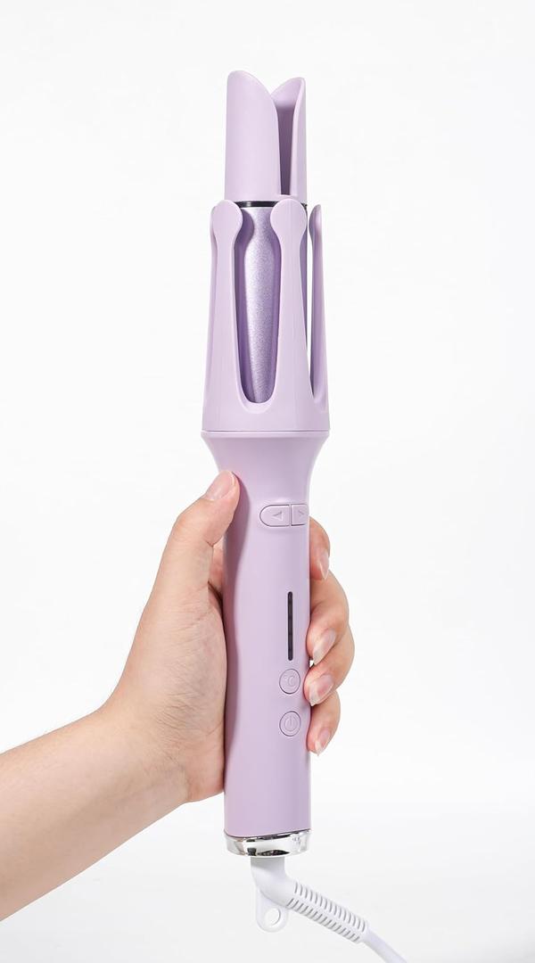 Automatic Rotating Curling Iron with 4 Temperature - Beach Waves Curling Wand, Portable Hair Curler, Dual Voltage & Lightweight for Travel, Automatic Shut-Off, Anti-Scald-Purple
