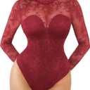 Popilush Burgundy Tops for Women Sheer Long Sleeve Top with Built in Bra Open Back Turtleneck Lace Shapewear Bodysuit Tummy Control Fall Outfits Red, Size XL