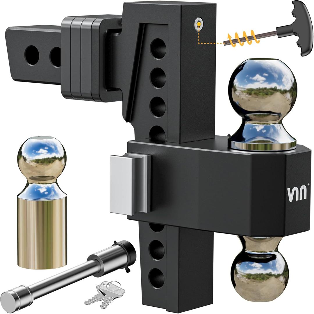 VNN Adjustable Drop Hitch - 8 Inch Drop 2 Inch Receiver Interchangeable 3 Solid Ball Mount 1-7/8", 2", 2-5/16"(15,000 LBS GTW), Heavy Duty Aluminum Trailer Hitch with Pads and Locking Sets, Black