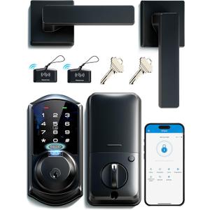 Veise VE07-L Fingerprint Smart Locks for Front Door with Zinc Alloy Handle Set, App Control, Keyless Entry, Electronic Digital Keypad Deadbolt, Auto Lock, Waterproof, Easy to Install, Matte Black