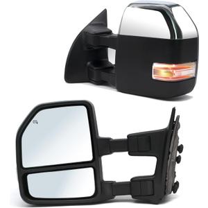 ReYee Towing Mirrors fit for 1999-2016 Ford F250 F350 F450 F550 Super Duty with Heated Power Turn Signal Light Manual Telescopic Auxiliary Lamp Chrome Cap LH RH