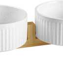 Non-Slip Ceramic Dog Bowls with Wooden Stand,8" Dog Food and Water Bowl Set with Silicone Base, 64 OZ/8 Cups Weighted Flip-Proof Pet Feeding Bowl for Small Dogs and Cats (Large,White)