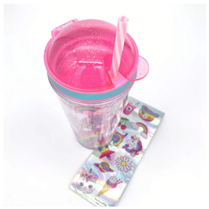 Snack and Drink Cup, Unicorn Theme, Kid's Combo All-in-One Tumbler for On-The Go, No-Leak Straw Included, Pink