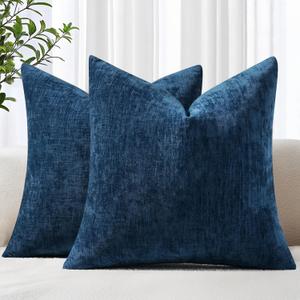 decorUhome Chenille Navy Blue Summer Throw Pillow Covers 18x18 Inch Set of 2, Decorative Soft Couch Pillow Covers Solid Dyed Accent Farmhouse Neutral Square Pillow Cases for Sofa