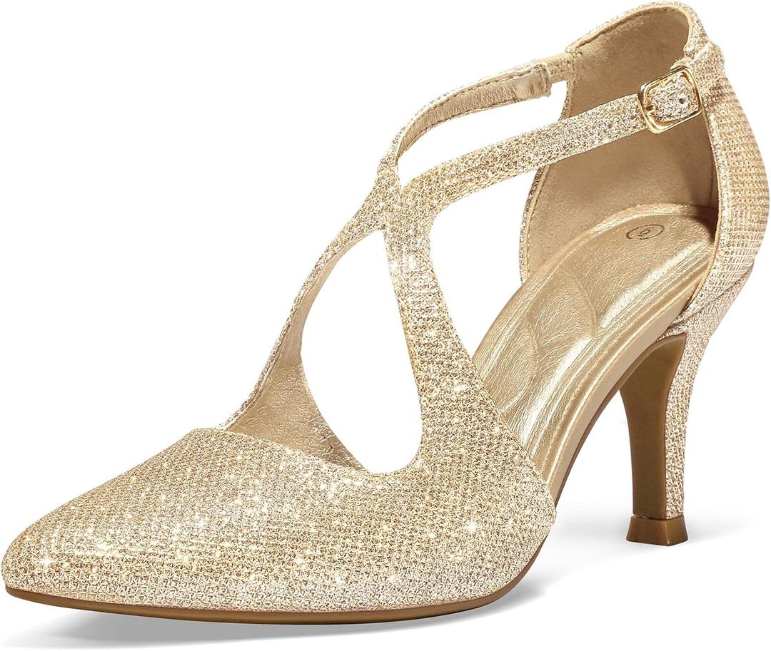 mysoft Women's Dress Shoes Closed Toe 3 Inch Heels Cross Strap Stiletto Pumps Wedding Prom Party Evening Formal Shoes (10, Gold)