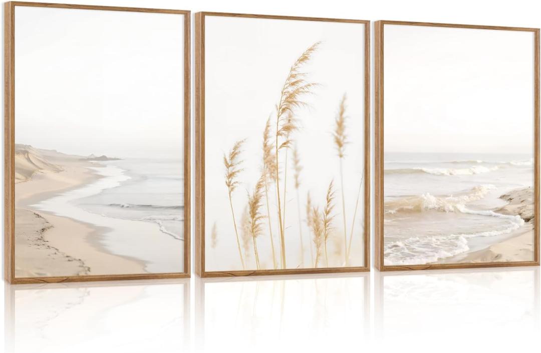 HPNIUB Modern Beach Waves Framed Wall Art Set,Seaside Reed Pathway Wall Decor,Minimalist Neutral Coastal Landscape Printing,Boho Seascape Nature Artwork for Living Room, Bedroom,Bathroom-24''x36''x3