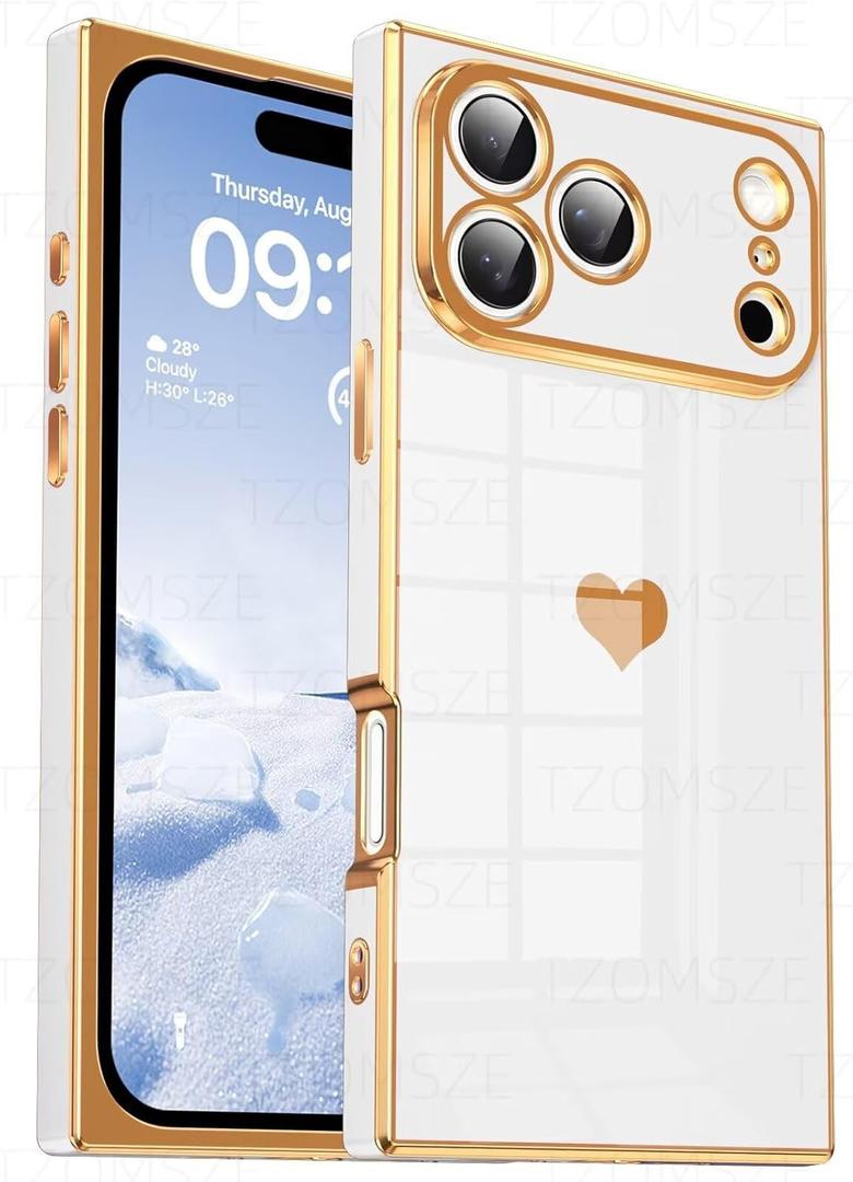 Tzomsze Compatible with iPhone 17 Pro Max Case,Camera Protection Cute Heart Pattern & Electroplate Reinforced Corners Shockproof Edge Bumper Case for Women Girls 6.9 Inch-White