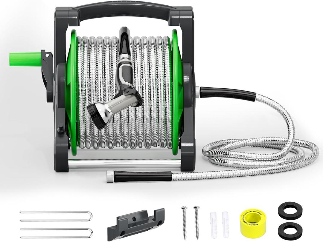 SPECILITE Portable Garden Hose Reel with 75ft Heavy Duty 304 Stainless Steel Water Pipe, Wall Mount Lightweight Winder Combo with Nozzle for Outside, Yard, Patio