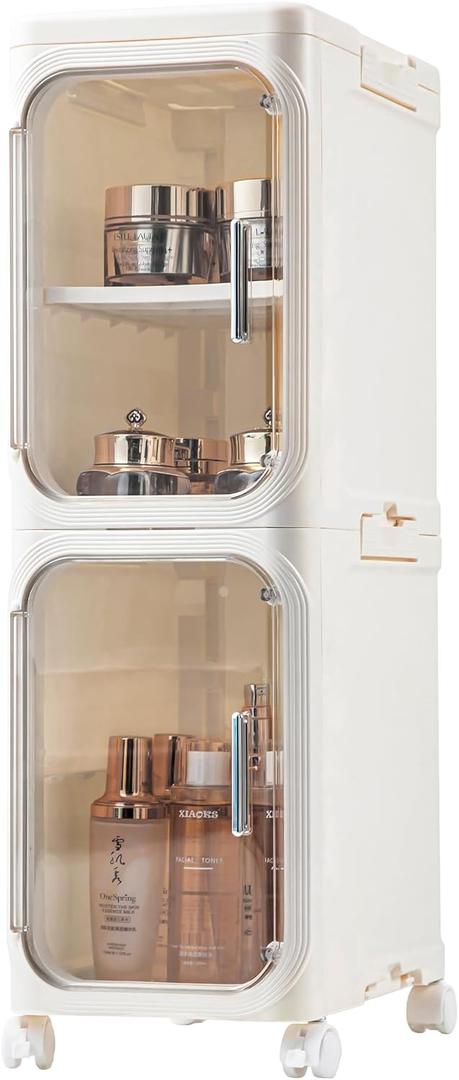 2-Tier Narrow Bathroom Storage Cabinet with Wheels, Plastic Slim Organizer with Adjustable Shelves for Small Spaces,Bathroom, Kitchen, Laundry,Milky White