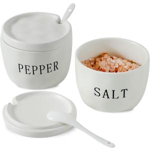 2 Pack Salt and Pepper Bowls Set, Ceramic Salt and Pepper Containers with Lid and Spoon, White Salt Pepper Holder Set, Salt Box Dish with Lid Easy to clean
