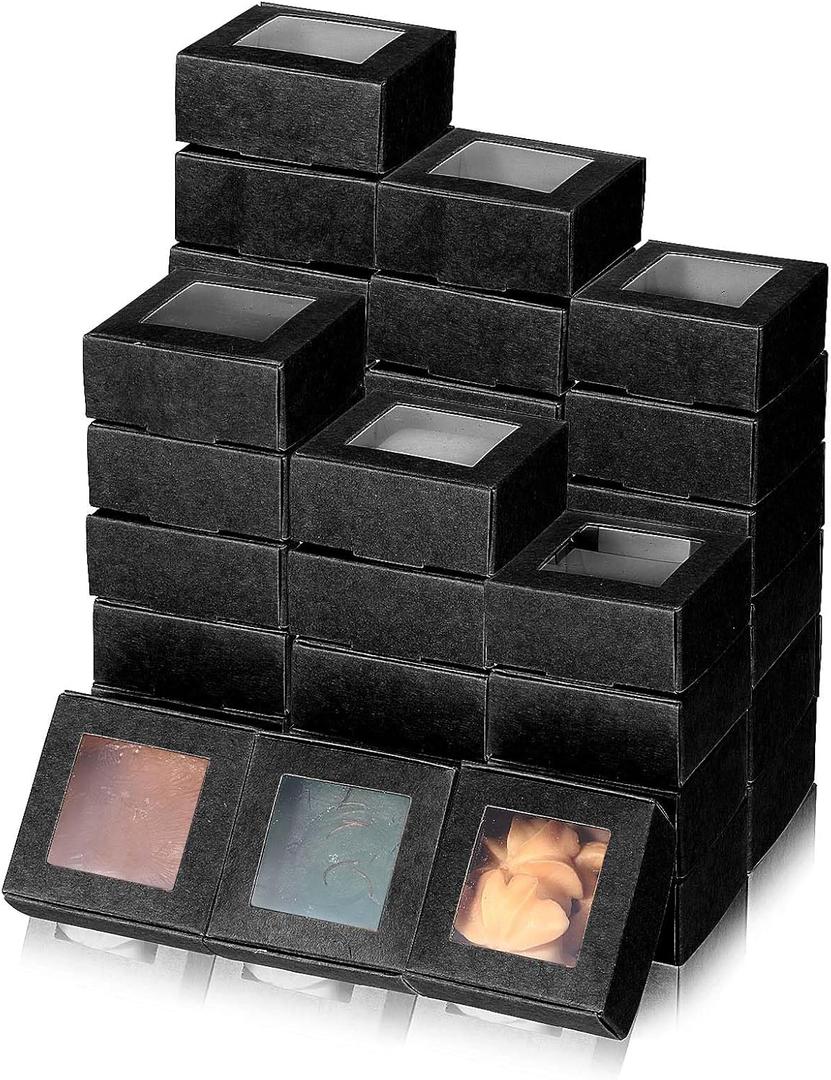 MAQUITA 100 Pcs Soap Packaging Boxes with Window Mini Kraft Paper Boxes Bulk Treat Favor Boxes Rectangle Gift Soap Boxes for Homemade Soap Making Cookies Candy Prese (black)