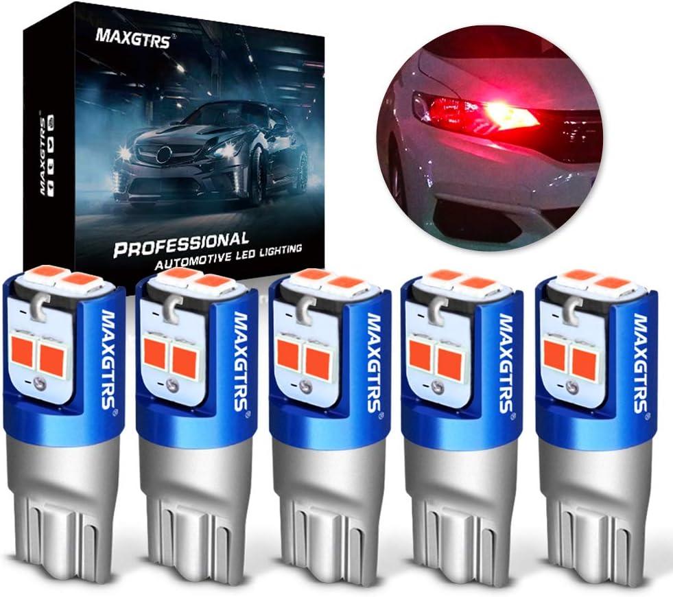 MAXGTRS 194 LED Light Bulb Red 168 2825 W5W T10 Wedge 6-SMD 3030 Chipsets LED Replacement Bulbs Error Free for Car Dome Map Door Courtesy License Plate Lights, Pack of 5