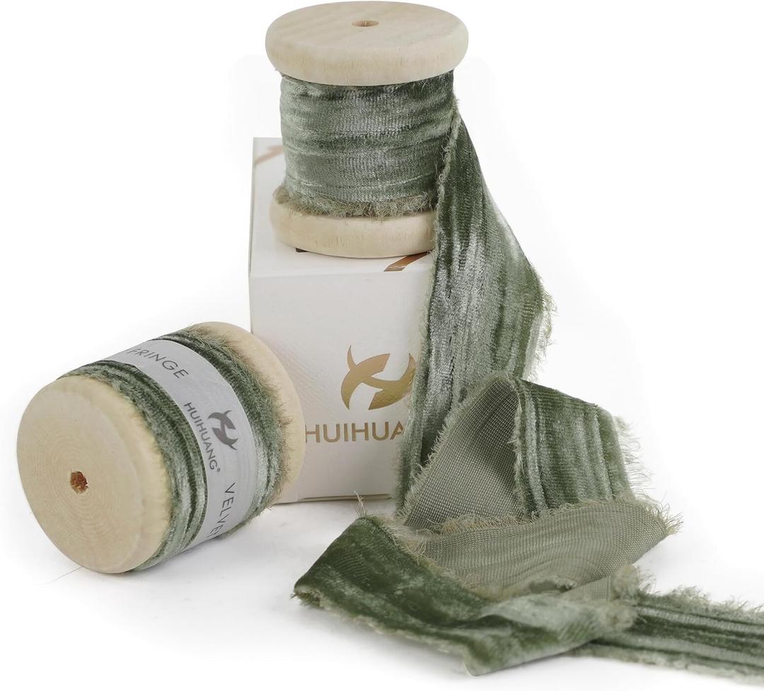 HUIHUANG Sage Green Crinkled Silk Velvet Ribbon, 1" Wide x 12 Foot Long, Frayed Edges, Perfect for Weddings, Christmas, Gift Wrapping & More