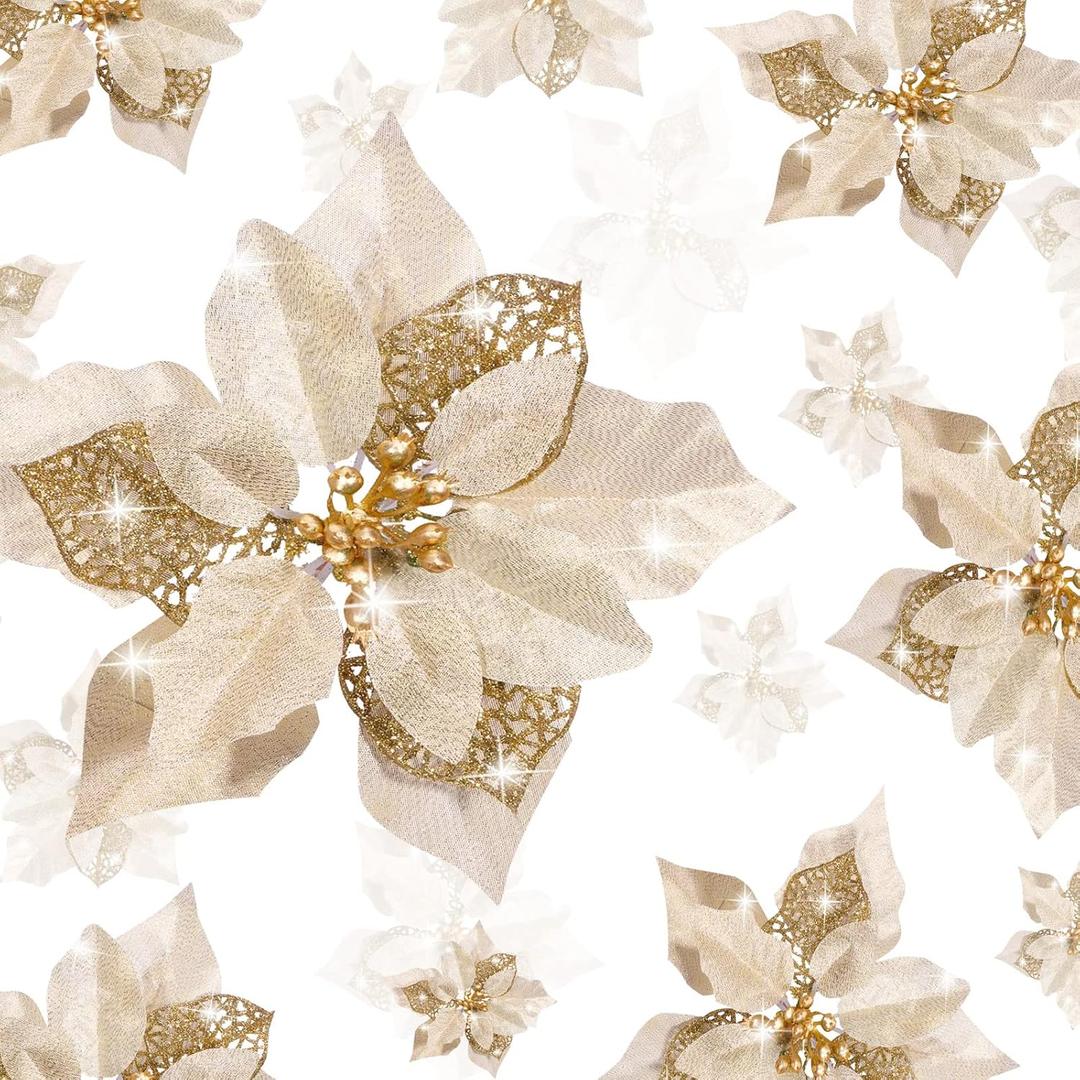 Geosar 72 Pieces 3/4/6 Inches Christmas Artificial Glitter Poinsettia Flowers Ornaments Xmas Flowers Wedding for Christmas Tree Ornaments(Gold)