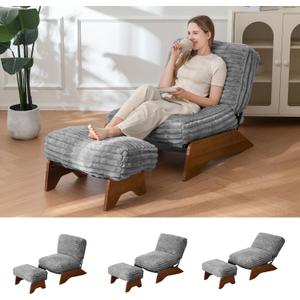 MAXYOYO Modern Adjustable Accent Chair with Ottoman, Upholstered Living Room Chair with Footrest Set, Soft Reclining Lounge for Bedroom, Apartment, Office, Grey (Large)