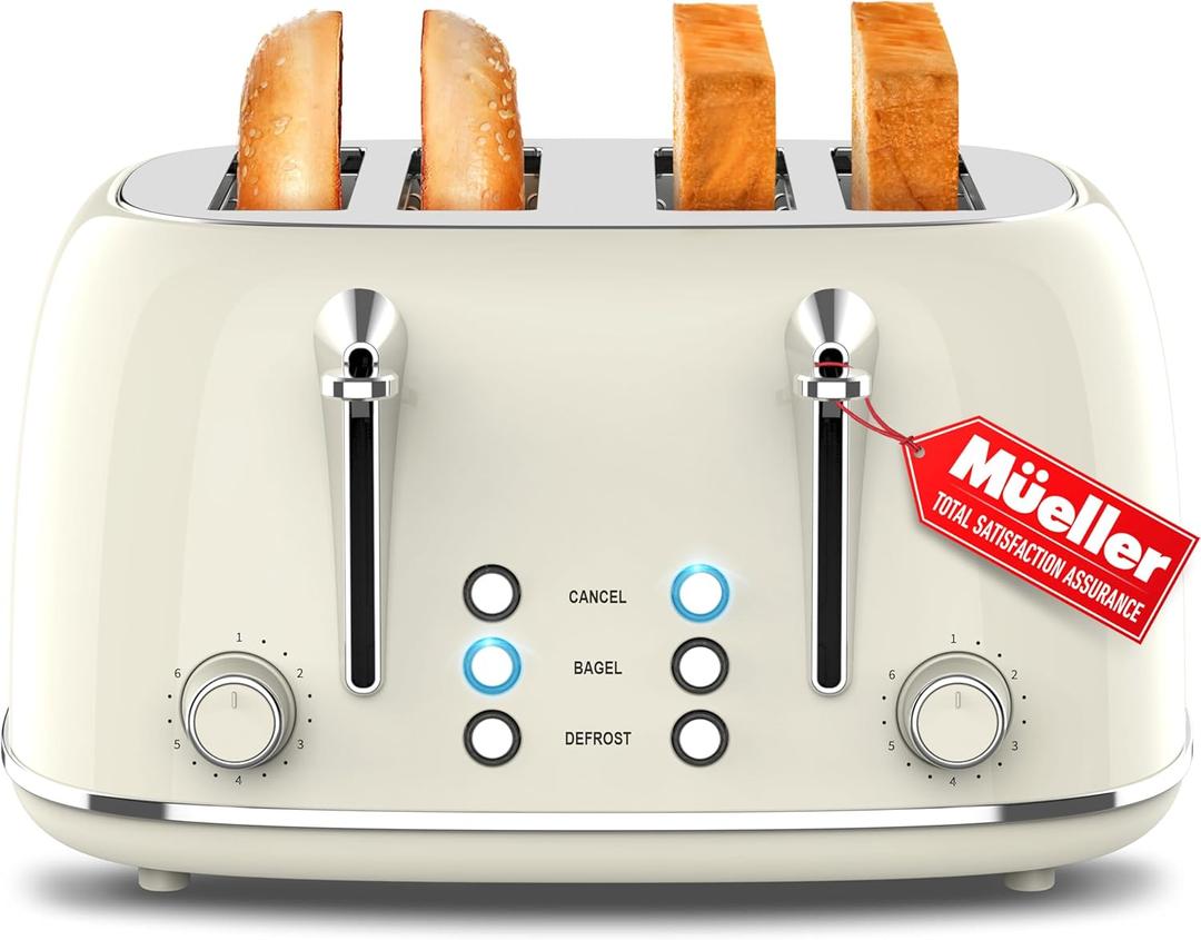 Mueller Retro Toaster 4 Slice with Extra Wide Slots Bagel, Defrost, and Cancel Function, 6 Browning Levels, Dual Independent Controls, Removable Crumb Tray and High Lift Levers, Beige (4 Slice, Beige)