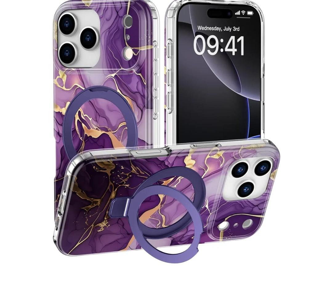 iPhone 17 Pro Case - Wireless Charging Compatible - Integrated Multi-Functional Kickstand - Protective Phone Case with Trendy Cute Designs for Women - Royal Purple Marbling