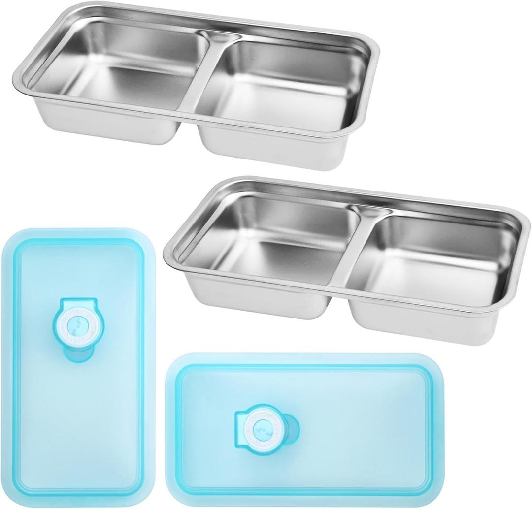 2pcs Grab and Go Snack Containers, Stainless Steel Double Compartment Snack Containers with Lids, Reusable Food Lunch Meal Container Prep for Travel, Small Packs Container