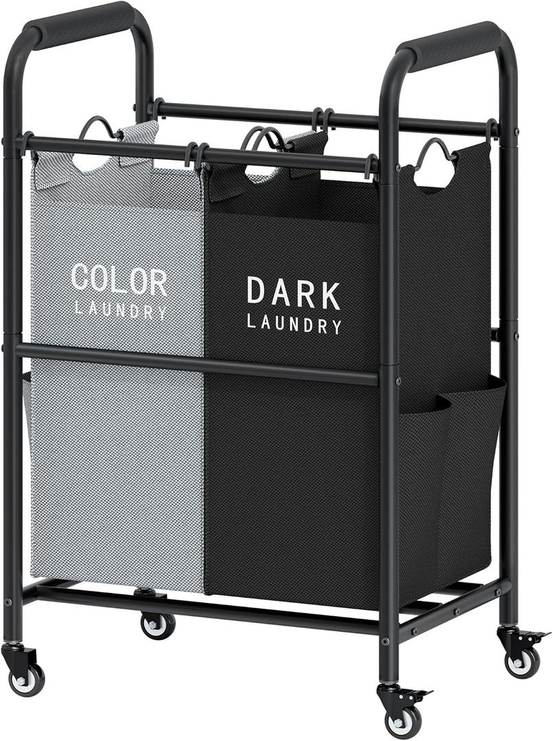 Tajsoon 2 Bag Laundry Sorter Cart, Laundry Hamper Sorter Basket with Heavy Duty Lockable Rolling Wheels for Clothes Storage, Black & Grey