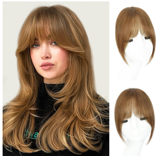 EINAEY Clip in Bangs, 100% Real Human Hair Fake Clip on Bangs Hairpieces for Women French Bangs Light Brown Fringe with Temples Curved Curtain Bangs for Daily Wear