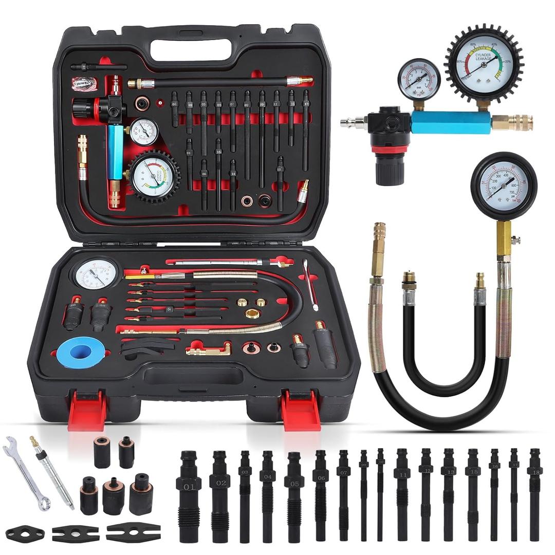 Compression Tester Automotive 46Pcs Petrol & Diesel Compression Tester Kit for HDI/TDCi/Pumpe Duse Engine Cylinder Leak Down Tester Kit with Compression Gauge,Dual-Meter Leak Detector, Adapters