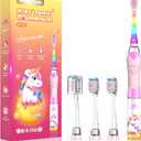 Kids Electric Toothbrush Toddler Toothbrush Age 2-4-8-12 Electric Toothbrush Kids with Timer Rainbow LED Light Up Vibrating Toothbrush Battery Operated Childrens Girls Sonic Tooth Brush (Pink Unicorn)