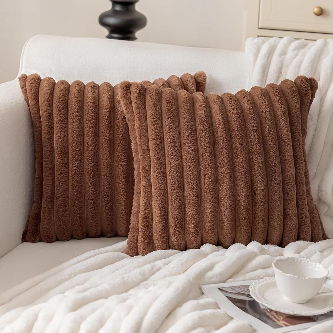 MOSAYT Faux Fur Throw Pillow Covers 18x18, Set of 2, Plush Velvet Soft Pillow Case,Fluffy Striped Decorative Couch Pillow Covers for Sofa, Bedroom, Living Room (Brown)