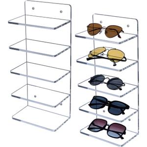MyGift 5 Tier Clear Acrylic Sunglasses Holder Rack, Wall Mounted Eye Glasses Shelf or Tabletop Display Stand, Retail Eyewear Showcase Storage Organizer, Set of 2