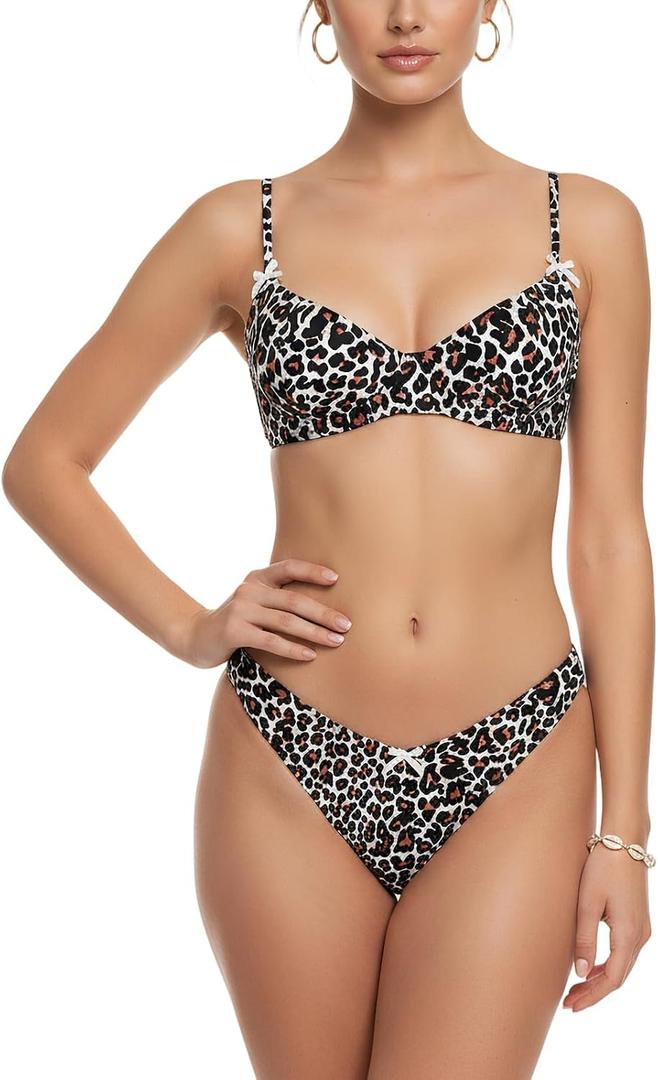 Womens Bow Decor Low Rise Leopard Polka Dot Bikini Set Tie Back Underwire Bikini Top Two Piece Swimsuits 2026
